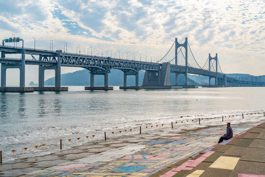 View of Suyeong Beach and Gwangan Bridge during daytime, Suyeong-gu District, Busan, South Korea