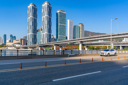 View of Gwangan Bridge and city skyline during on a sunny day, Suyeong-gu District, Busan, South Korea