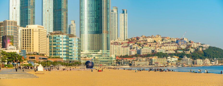 View of Haeundae beach on a sunny day, Haeundaehaebyeon, Haeundae, Busan, South Korea