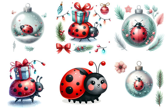 Christmas Ladybugs in Holiday Ornaments &ndash; Festive Winter Clipart with Pine Branches, Holly Berries, and Gift Boxes