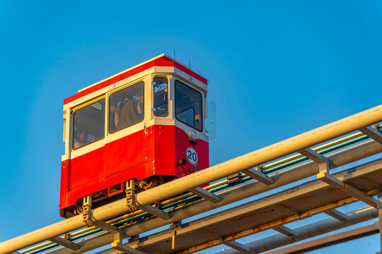 View of car of Haeundae Blueline Park at sunset, Dalmaji-gil, Haeundae-gu, Busan, South Korea