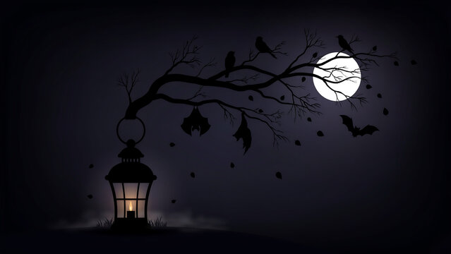 A vintage lantern hanging from a gnarled tree branch with bats and birds, set against a dark night sky with a bright full moon and falling leaves