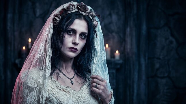 Woman in ghost bride costume with pale zombie makeup and torn veil in dark gothic castle. Halloween horror concept for spooky party and scary celebration