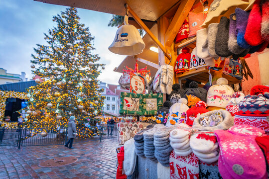 View of Christmas Market in Old Town Square, (Raekoja Plats - Julemarked) in daytime, Tallinn, Estonia