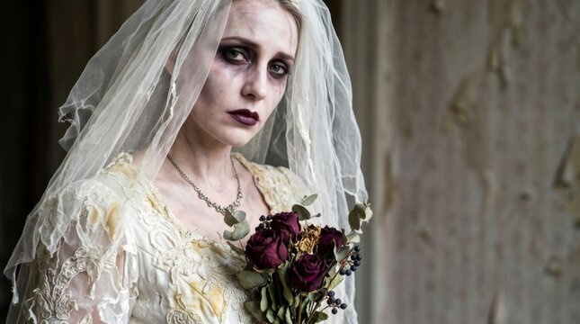 Woman in ghost bride costume with pale zombie makeup and torn veil in dark gothic castle. Halloween horror concept for spooky party and scary celebration