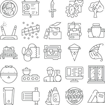 Collection of minimal linear icons illustrating a wide range of everyday objects, abstract concepts, and various activities using simple graphic outline art