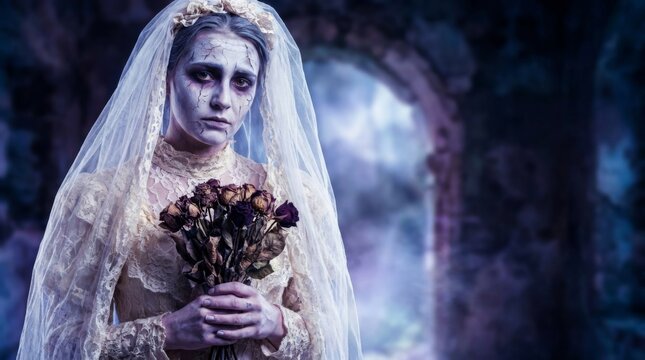 Woman ghost bride in vintage wedding dress and veil standing in dark cemetery at night. Halloween horror and spooky undead concept. Creepy fantasy portrait for holiday