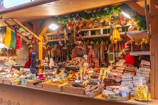 View of Christmas Market in Old Town Square, (Raekoja Plats - Julemarked) in daytime, Tallinn, Estonia