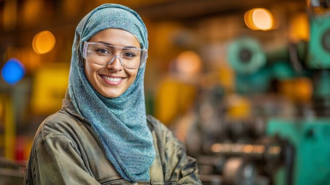 Empowered Woman in Protective Gear Smiling in an Industrial Setting, Showcasing Diversity and Strength in the Manufacturing Workforce of Today