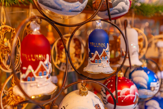 View of market stall on Christmas Market in Old Town Square, (Raekoja Plats - Julemarked) in daytime, Tallinn, Estonia