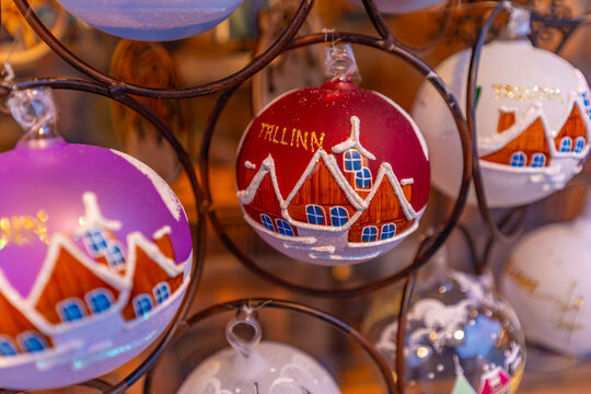View of market stall on Christmas Market in Old Town Square, (Raekoja Plats - Julemarked) in daytime, Tallinn, Estonia