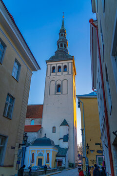 View of St. Nicholas Church & Museum at sunset in winter, Tallinn, Estonia