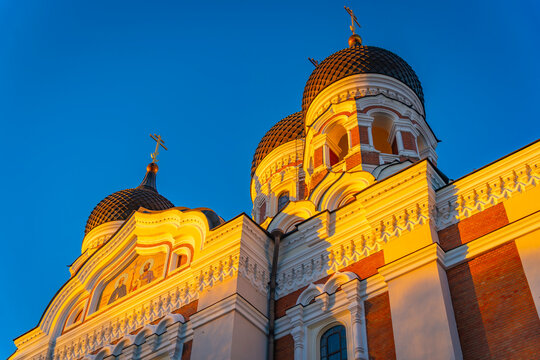 View of Alexander Nevsky Cathedral at sunset in winter, Tallinn, Estonia
