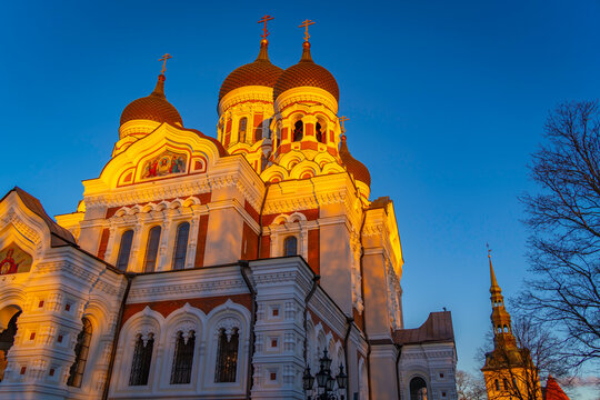 View of Alexander Nevsky Cathedral at sunset in winter, Tallinn, Estonia