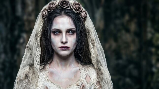 Woman in ghost bride costume with pale zombie makeup and torn veil in dark gothic castle. Halloween horror concept for spooky party and scary celebration