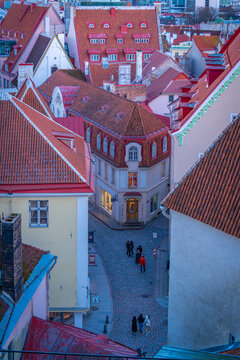 Elevated view of street in Tallinn at dusk, Tallinn, Estonia