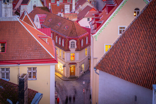 Elevated view of street in Tallinn at dusk, Tallinn, Estonia