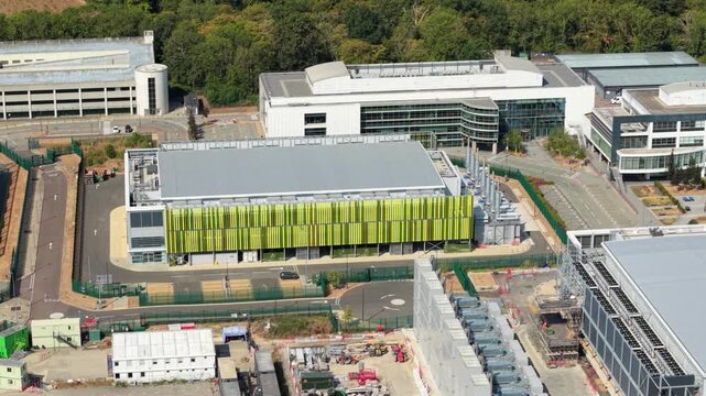 Aerial view of large hyperscale data center campus and AI critical computing facilities in Harlow UK