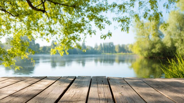 Serene Lakeside Early Morning with Wooden Dock Surrounded by Lush Greenery and Tranquil Waters Under a Clear Sky