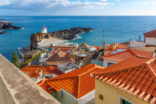 Elevated view of Camara de Lobos on a sunny day, Funchal, Madeira, Portugal