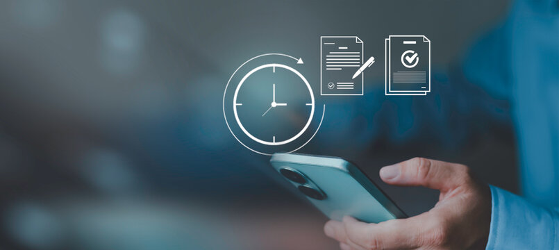 Contract expiration concept showing a smartphone with clock and document icons, representing deadline tracking, renewal, legal agreement, compliance, scheduling, and business administration.