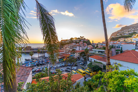 Elevated view of Camara de Lobos at sunset, Funchal, Madeira, Portugal