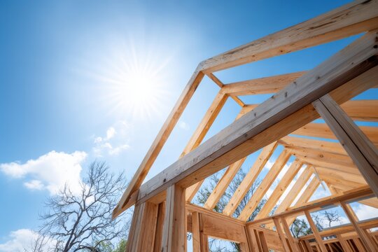 A Bright Day Illuminates the Wooden Framework of a House Under Construction, Showcasing the Detailed Craftsmanship and Architecture