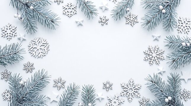 Delicate snowflakes and pine needles form a circular holiday border against a pristine white background.