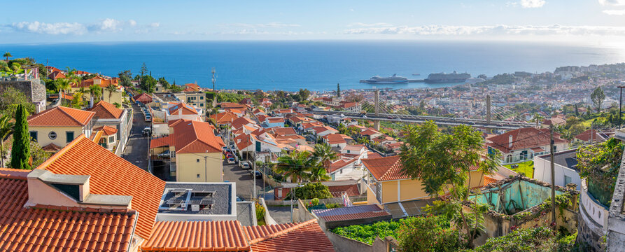 View of cruise ships in port and Funchal from elevated position on a sunny day, Rampa da Sacristia, Funchal, Portugal