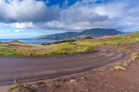 Panoramic view of coastline and sea near Sardine Beach, Madeira, Portugal