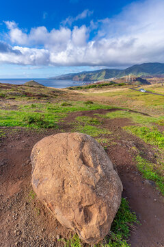Panoramic view of coastline and sea near Sardine Beach, Madeira, Portugal
