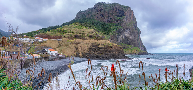 Panoramic view of coastline from Porto da Cruz, Madeira, Portugal