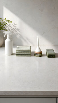Cleaning supplies and folded cloths arranged on a kitchen counter