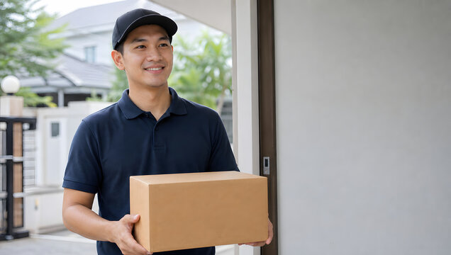 Delivery courier holding a plain cardboard parcel at a doorway
