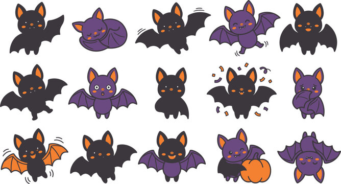 cute cartoon bats in Halloween colors flying and playing