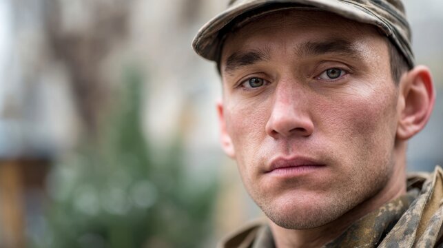 A Close-Up Portrait of a Soldier in Uniform, Capturing Determination and Weariness Amidst a Background of Conflict and Resilience