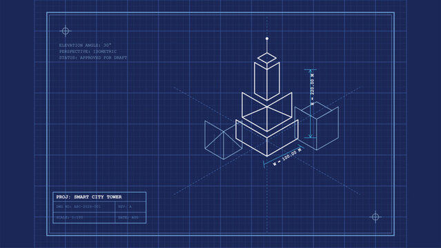 Smart city tower architectural blueprint drawing isometric 3d line art on blue grid background professional engineering technical documentation urban development