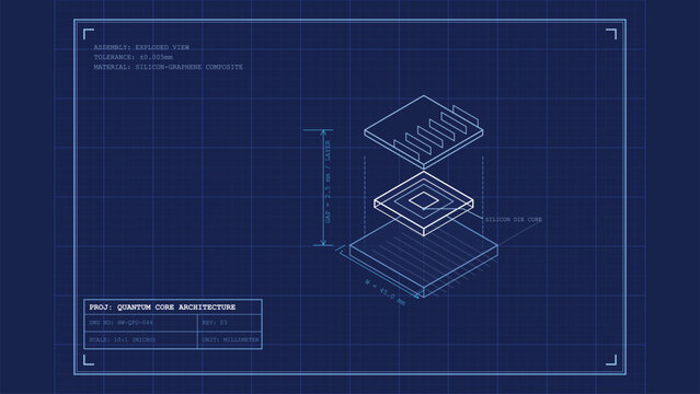 Quantum core architecture microchip exploded view technical blueprint schematic design for semiconductor engineering hardware development presentation
