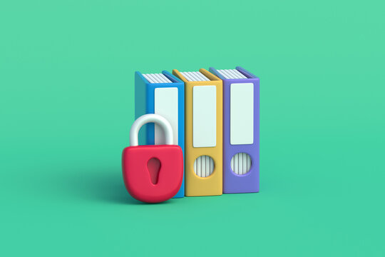 Confidential data protection. Secure document storage. Keeping business secrets. Classified files access restriction. Corporate information vault. Office document folders near padlock. 3d render