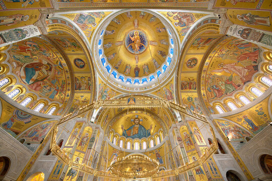 Details of the interior of Church of Saint Sava showing religious art and architecture from various angles in Belgrade