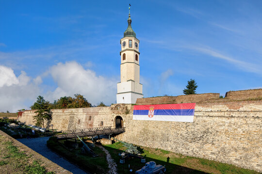 Kalemegdan fortress with Sahat gate and clock tower in Belgrade under blue sky