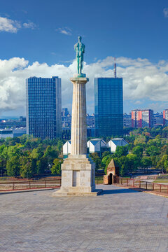 View over Belgrade with the Victor statue at Kalemegdan fortress in Serbia