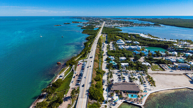 View of Highway Number 1 and surrounding waters from aerial perspective near the 7 Mile Bridge in Florida Keys, USA