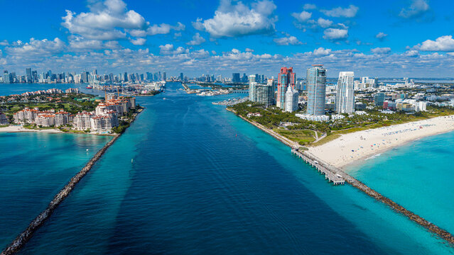 Aerial view of waterways and coastal lines in South Beach, Miami highlighting urban areas and shoreline by the water