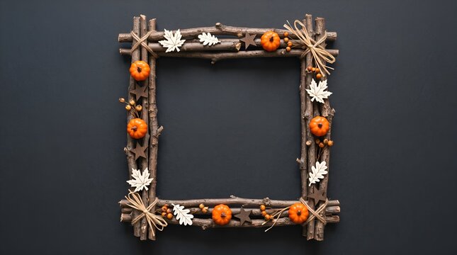 Wooden frame decorated with autumn leaves and small pumpkins sits on a dark background with empty center space.