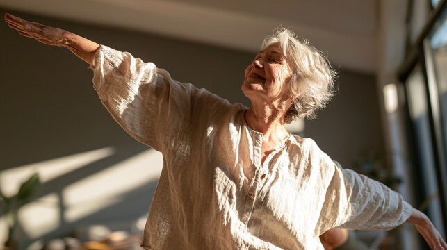 Active senior woman practicing yoga in a sunlit modern living room.