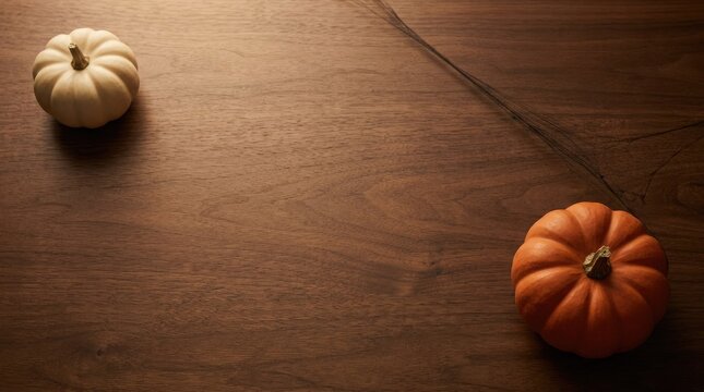 Two pumpkins on a textured brown surface