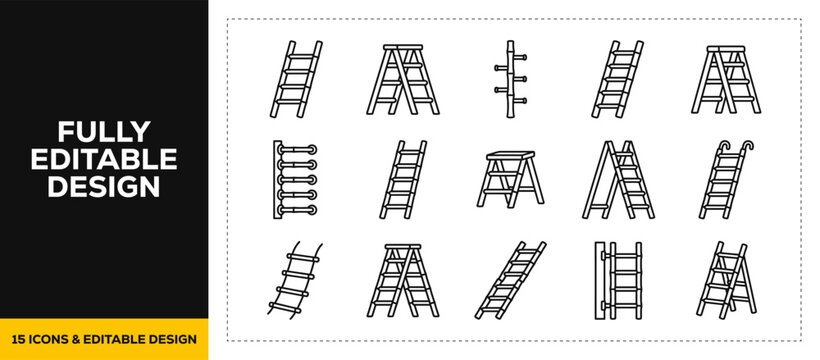 flat vector illustration line art icon bundle set design highlighting step ladders extension stairs and high reach climbing gear for professional construction app icons