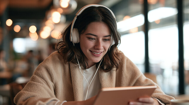 Professional woman engaged in online learning with headphones and a tablet in a cozy, bright cafe. 