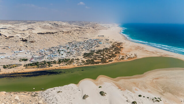 Aerial view of Eyl town and lagoon along the coastline in Puntland region of Somalia